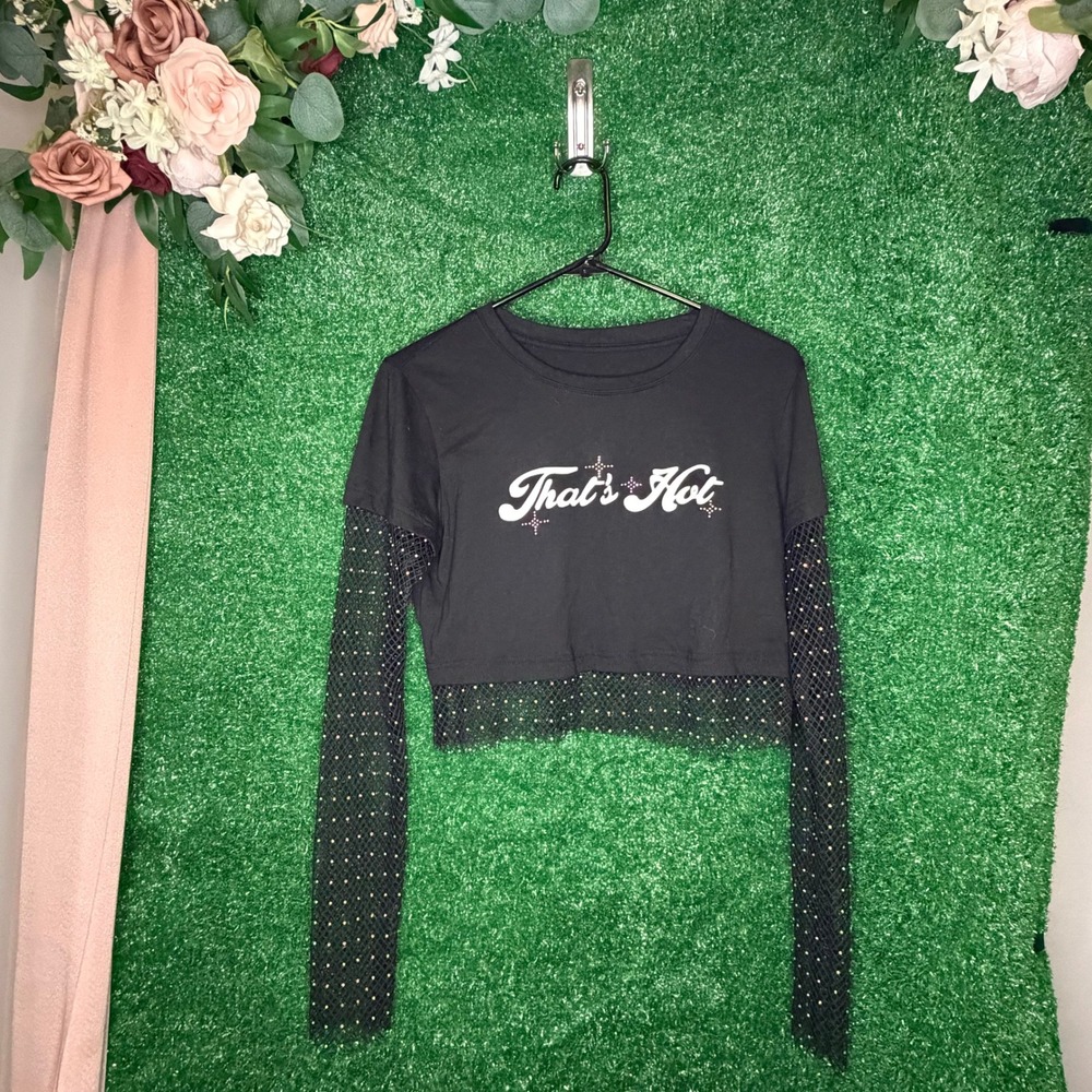 Paris Hilton That's Hot Black Rhinestone Fishnet Mesh Crop Top Women's M